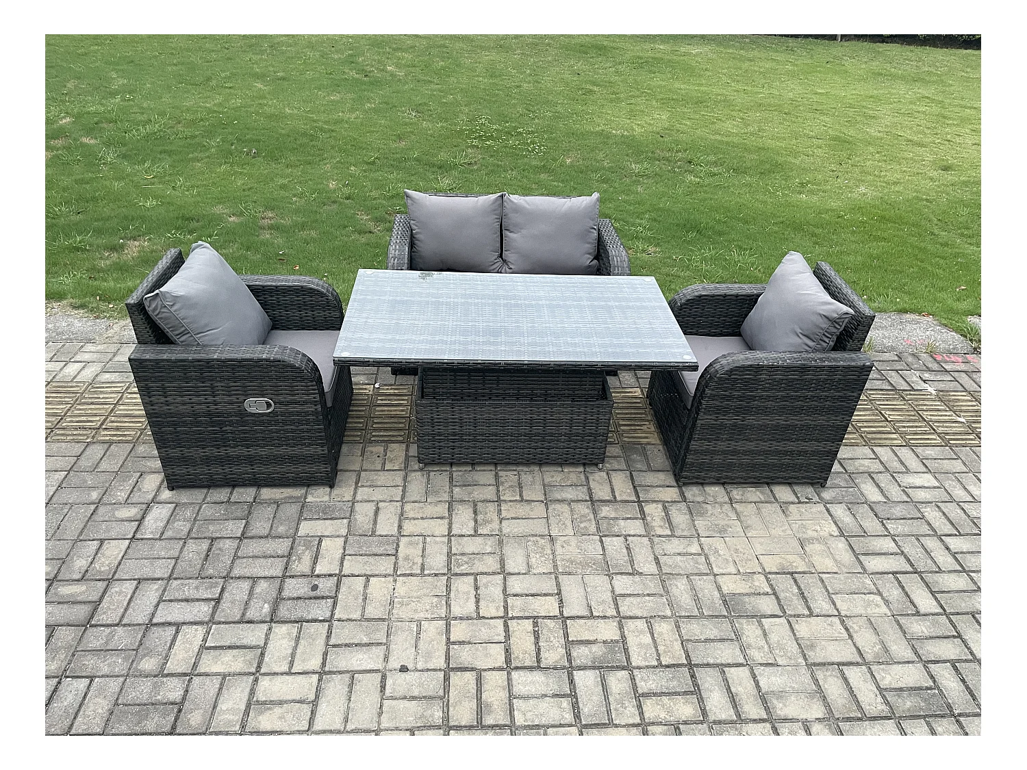 Polyrattan Sitzgruppe Essgruppe Set höhenverstellbarer Tisch Love Sofa mit Liegestühle