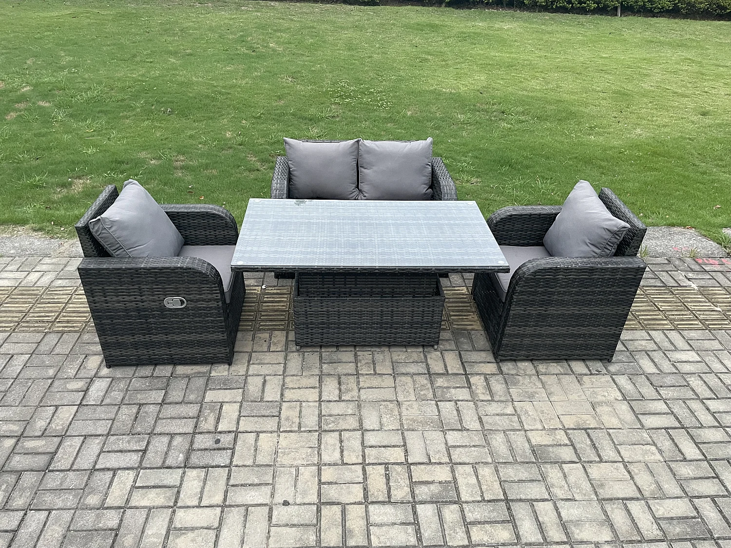 Polyrattan Sitzgruppe Essgruppe Set höhenverstellbarer Tisch Love Sofa mit Liegestühle