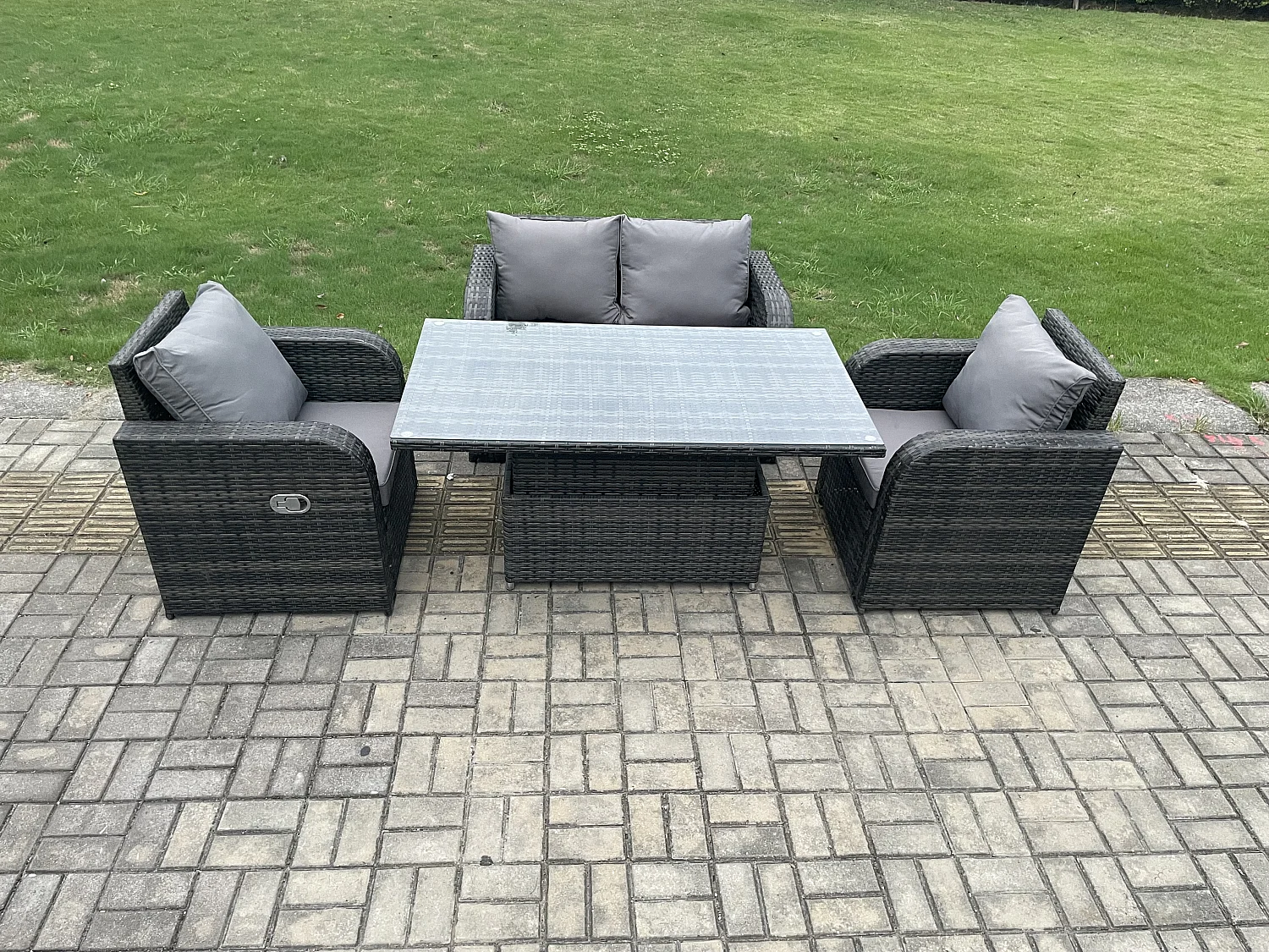 Polyrattan Sitzgruppe Essgruppe Set höhenverstellbarer Tisch Love Sofa mit Liegestühle