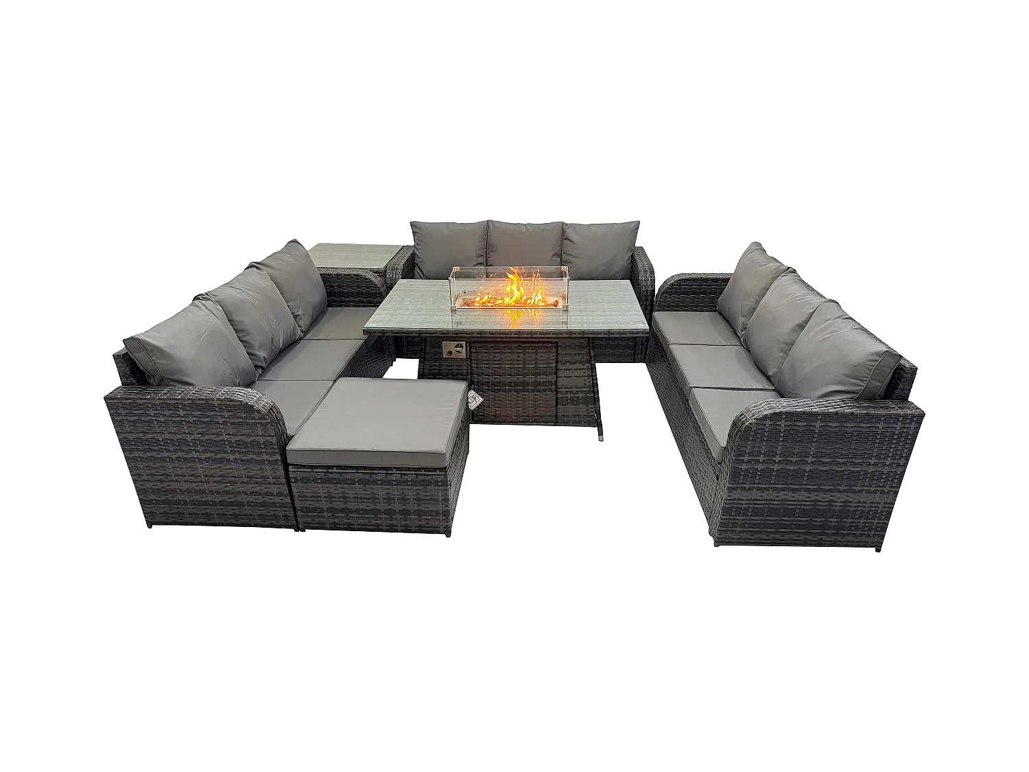 Polyrattan Gartenmöbel Set Gasfeuerstelle Esstisch Set mit Beistelltisch 3-Sitzer Sofa Fußhocker Dunkelgrau Gemischt