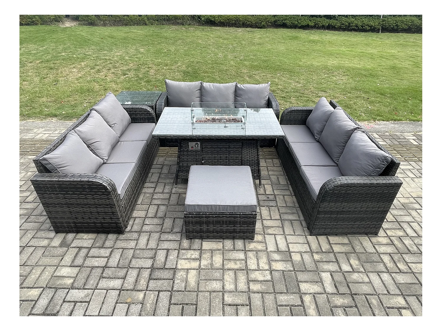 Polyrattan Gartenmöbel Set Gasfeuerstelle Esstisch Set mit Beistelltisch 3-Sitzer Sofa Fußhocker Dunkelgrau Gemischt