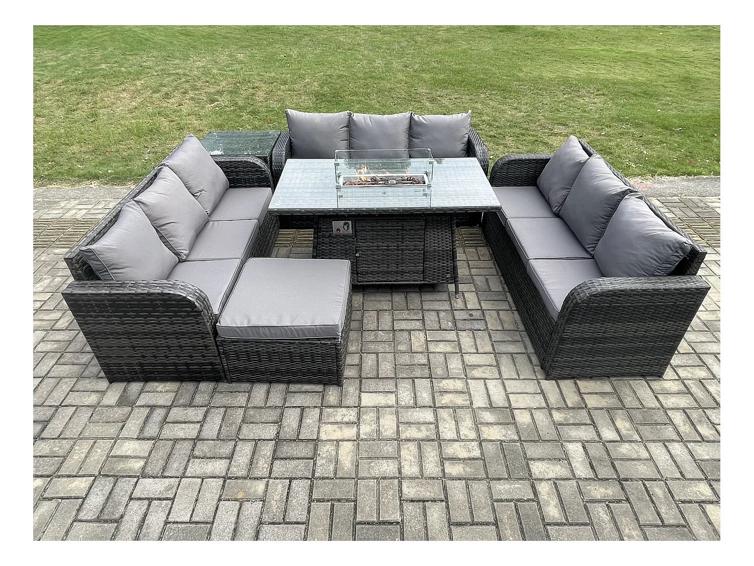 Polyrattan Gartenmöbel Set Gasfeuerstelle Esstisch Set mit Beistelltisch 3-Sitzer Sofa Fußhocker Dunkelgrau Gemischt