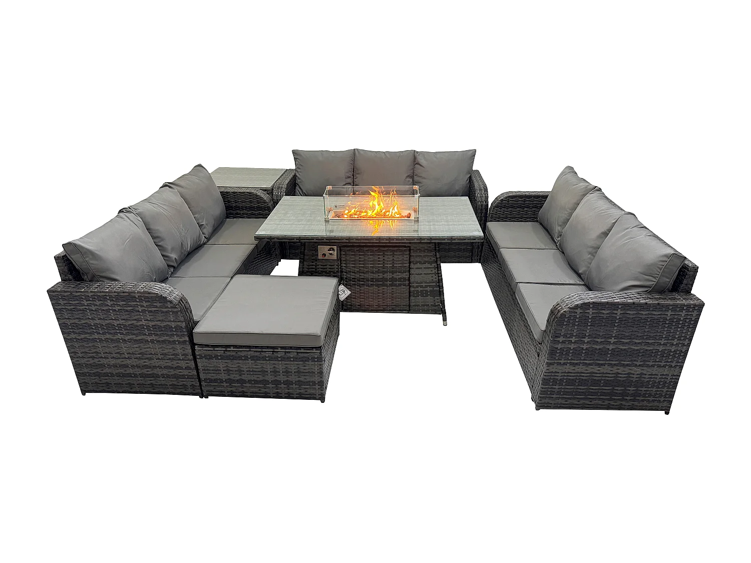 Salon de Jardin en Résine Ensemble Repas de Jardin Exterieur Table de foyer à gaz avec Table d'appoint Canapé 3 places Tabouret Gris foncé mixte