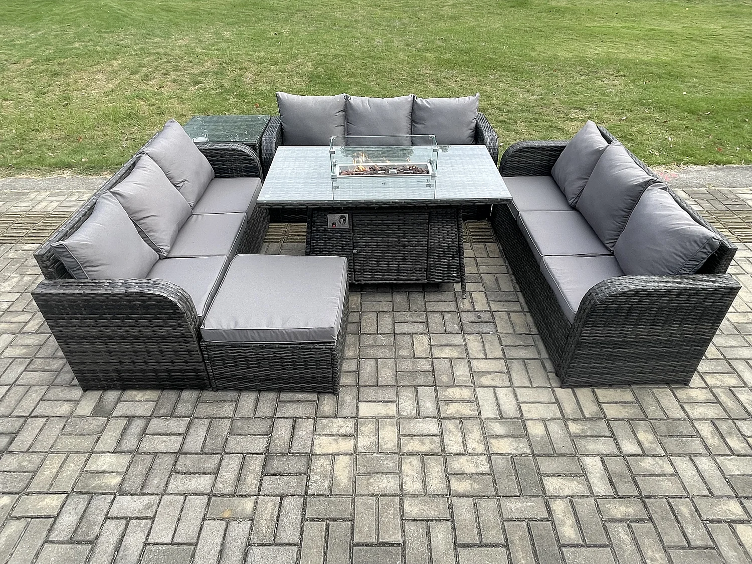 Salon de Jardin en Résine Ensemble Repas de Jardin Exterieur Table de foyer à gaz avec Table d'appoint Canapé 3 places Tabouret Gris foncé mixte