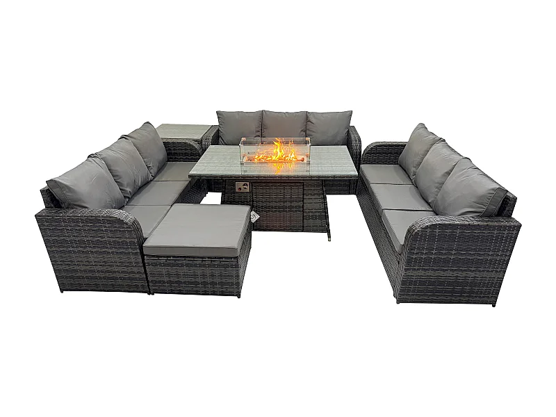 Salon de Jardin en Résine Ensemble Repas de Jardin Exterieur Table de foyer à gaz avec Table d'appoint Canapé 3 places Tabouret Gris foncé mixte