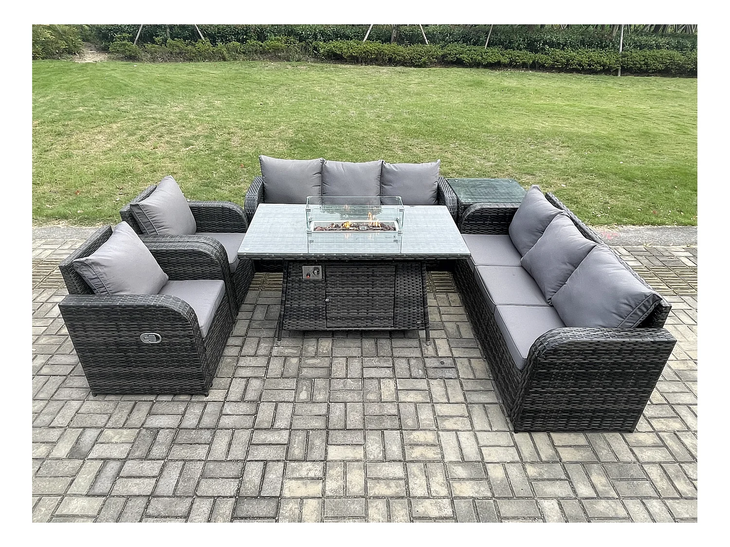 Salon de jardin avec Table de foyer à gaz,Fauteuil et Table d'appoint 8 places Outdoor Patio Canapé Lounge Set Gris foncé mixte