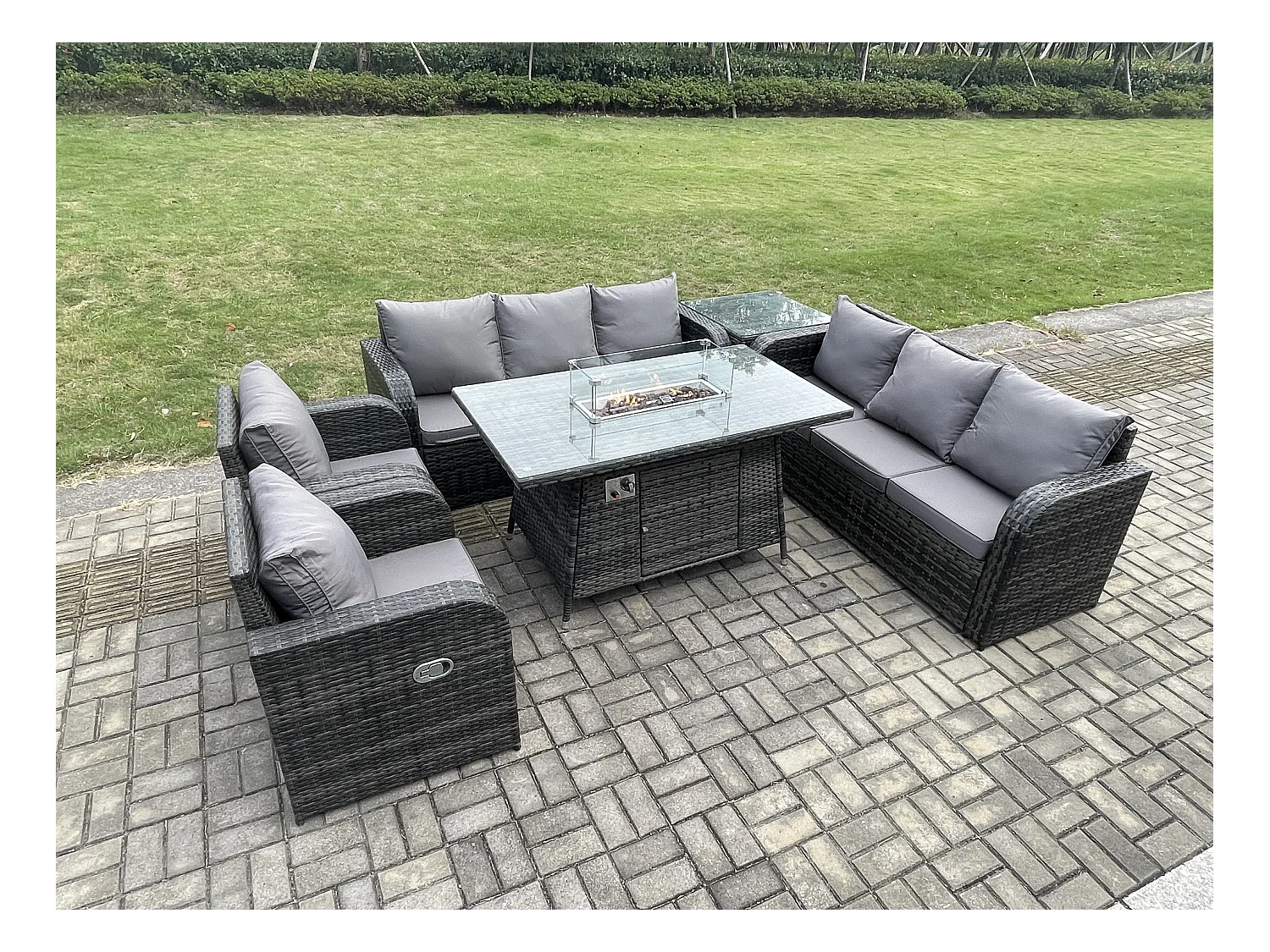 Salon de jardin avec Table de foyer à gaz,Fauteuil et Table d'appoint 8 places Outdoor Patio Canapé Lounge Set Gris foncé mixte