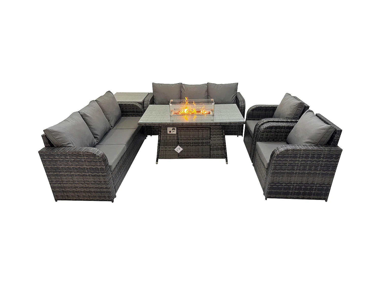 Polyrattan Gartenmöbel Set mit Gasfeuerstelle Esstisch,Sessel und Beistelltisch 8-Sitzer Outdoor Garten Lounge Set Dunkelgrau Gemischt