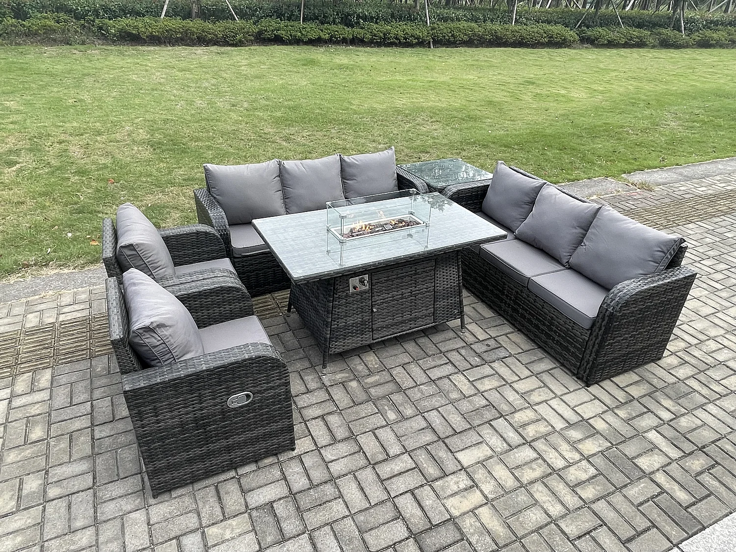 Polyrattan Gartenmöbel Set mit Gasfeuerstelle Esstisch,Sessel und Beistelltisch 8-Sitzer Outdoor Garten Lounge Set Dunkelgrau Gemischt