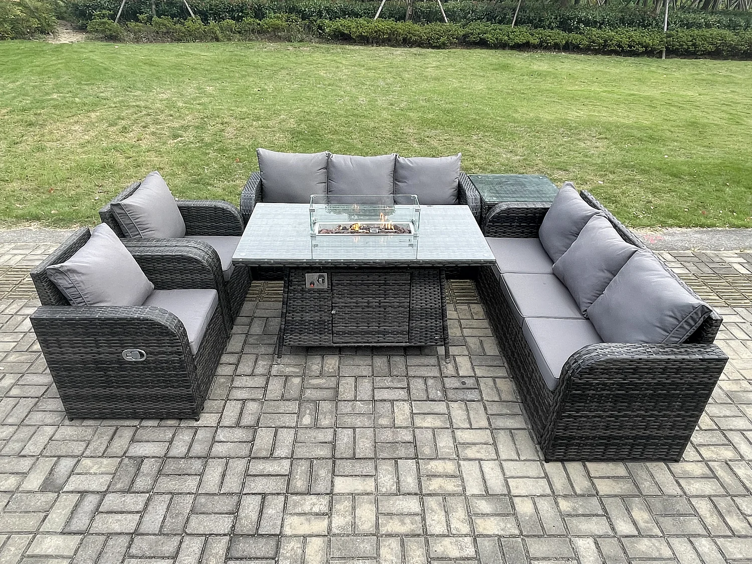 Polyrattan Gartenmöbel Set mit Gasfeuerstelle Esstisch,Sessel und Beistelltisch 8-Sitzer Outdoor Garten Lounge Set Dunkelgrau Gemischt