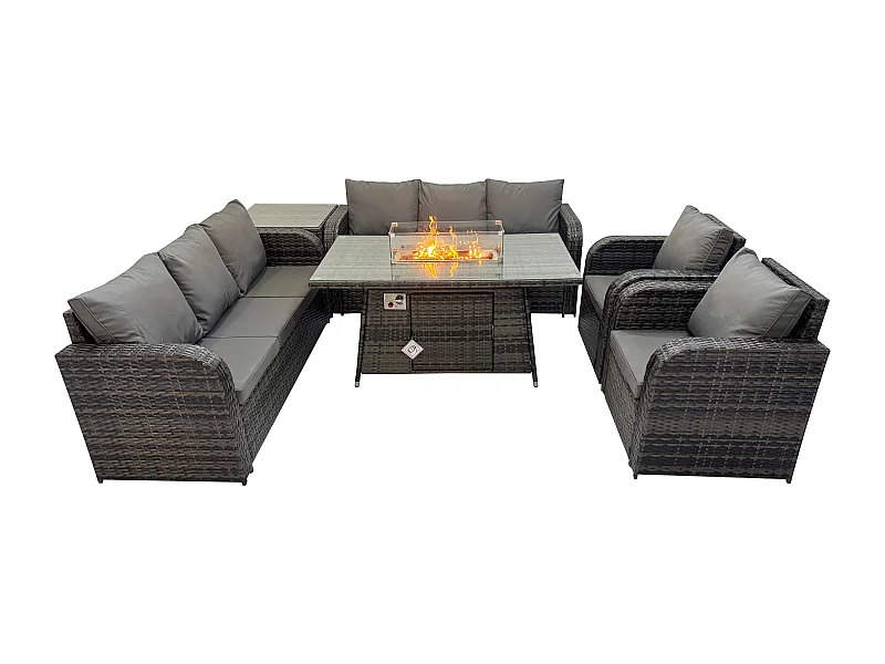 Polyrattan Gartenmöbel Set mit Gasfeuerstelle Esstisch,Sessel und Beistelltisch 8-Sitzer Outdoor Garten Lounge Set Dunkelgrau Gemischt