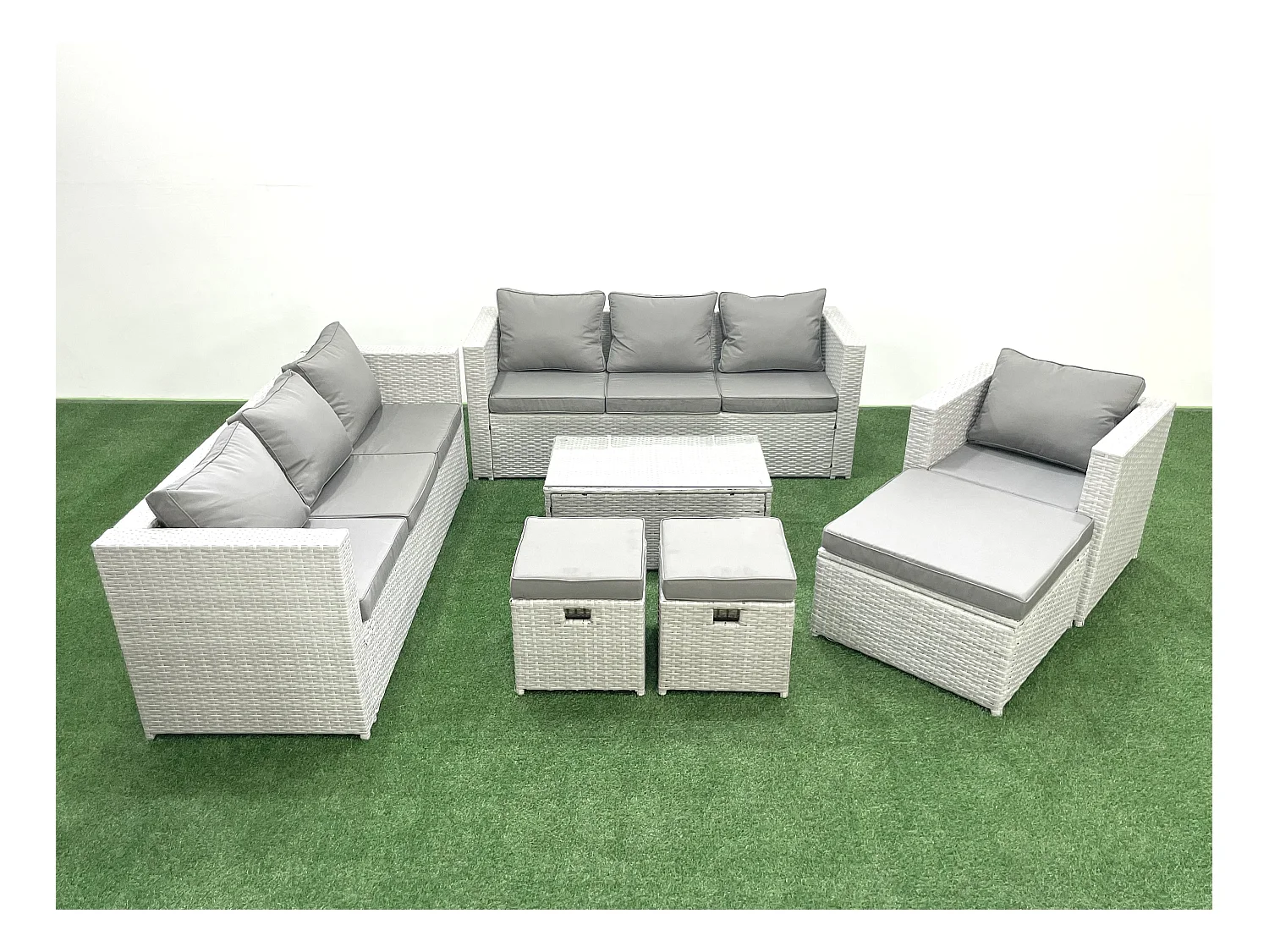 Meubles d'extérieur en rotin avec Fauteuil Table basse oblongue 3 Tabourets Gris clair mixte