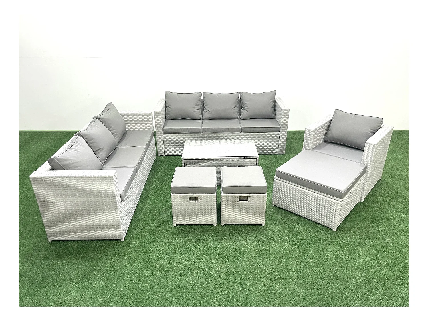 Meubles d'extérieur en rotin avec Fauteuil Table basse oblongue 3 Tabourets Gris clair mixte