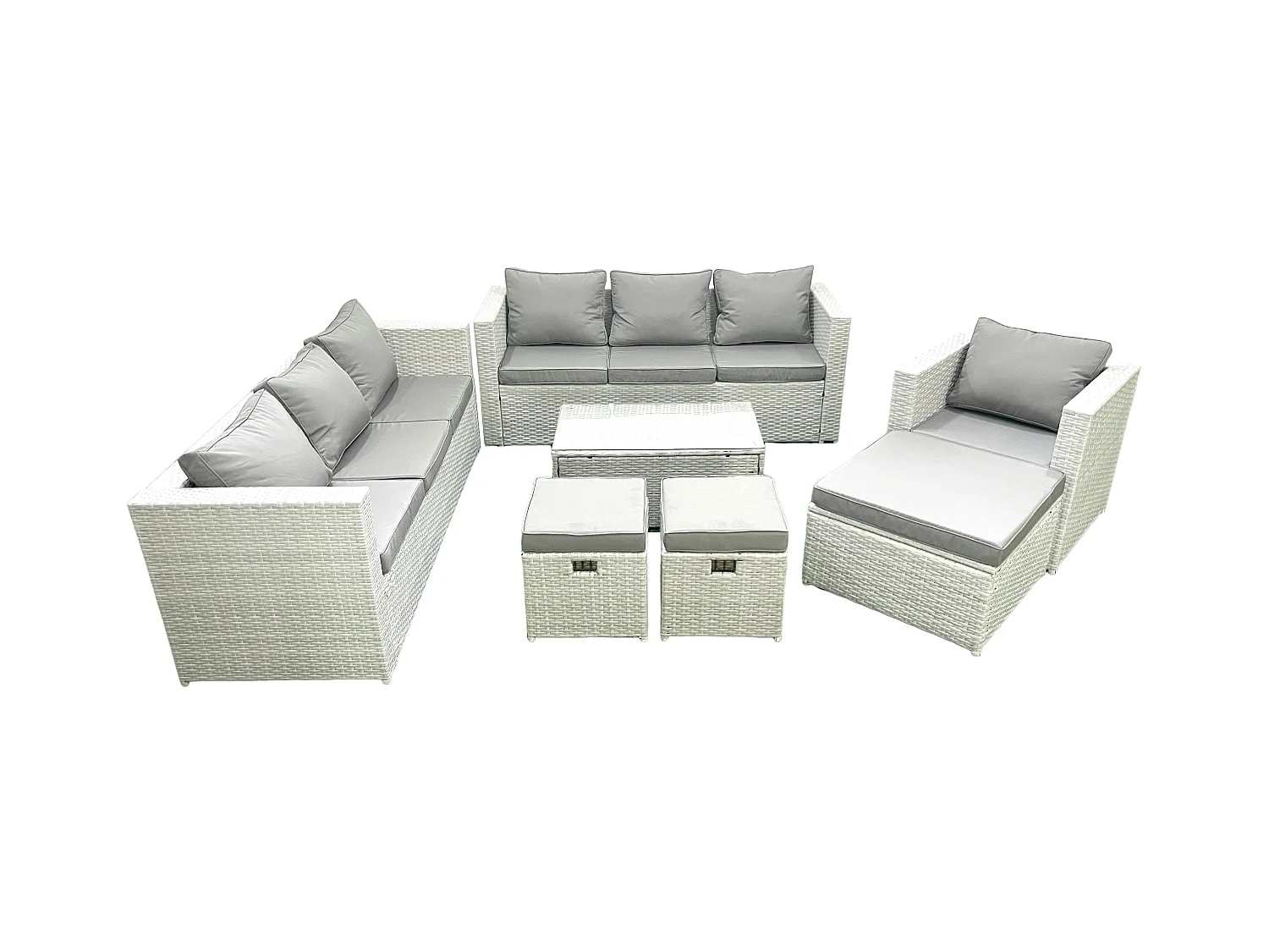 Polyrattan Sofa Gartenmöbel Set mit Sessel Rechteckiger Couchtisch 3 Hockern Hellgrau gemischt