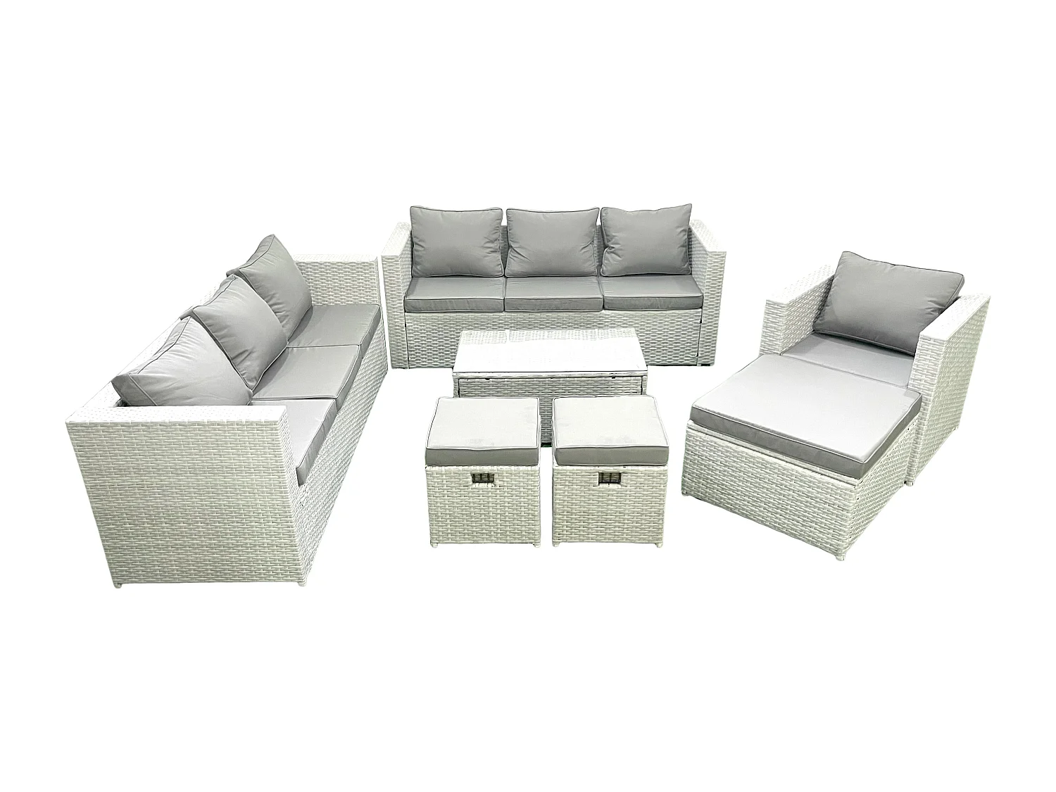 Meubles d'extérieur en rotin avec Fauteuil Table basse oblongue 3 Tabourets Gris clair mixte