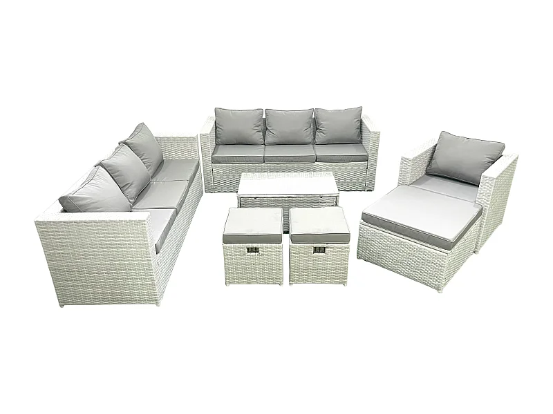 Meubles d'extérieur en rotin avec Fauteuil Table basse oblongue 3 Tabourets Gris clair mixte