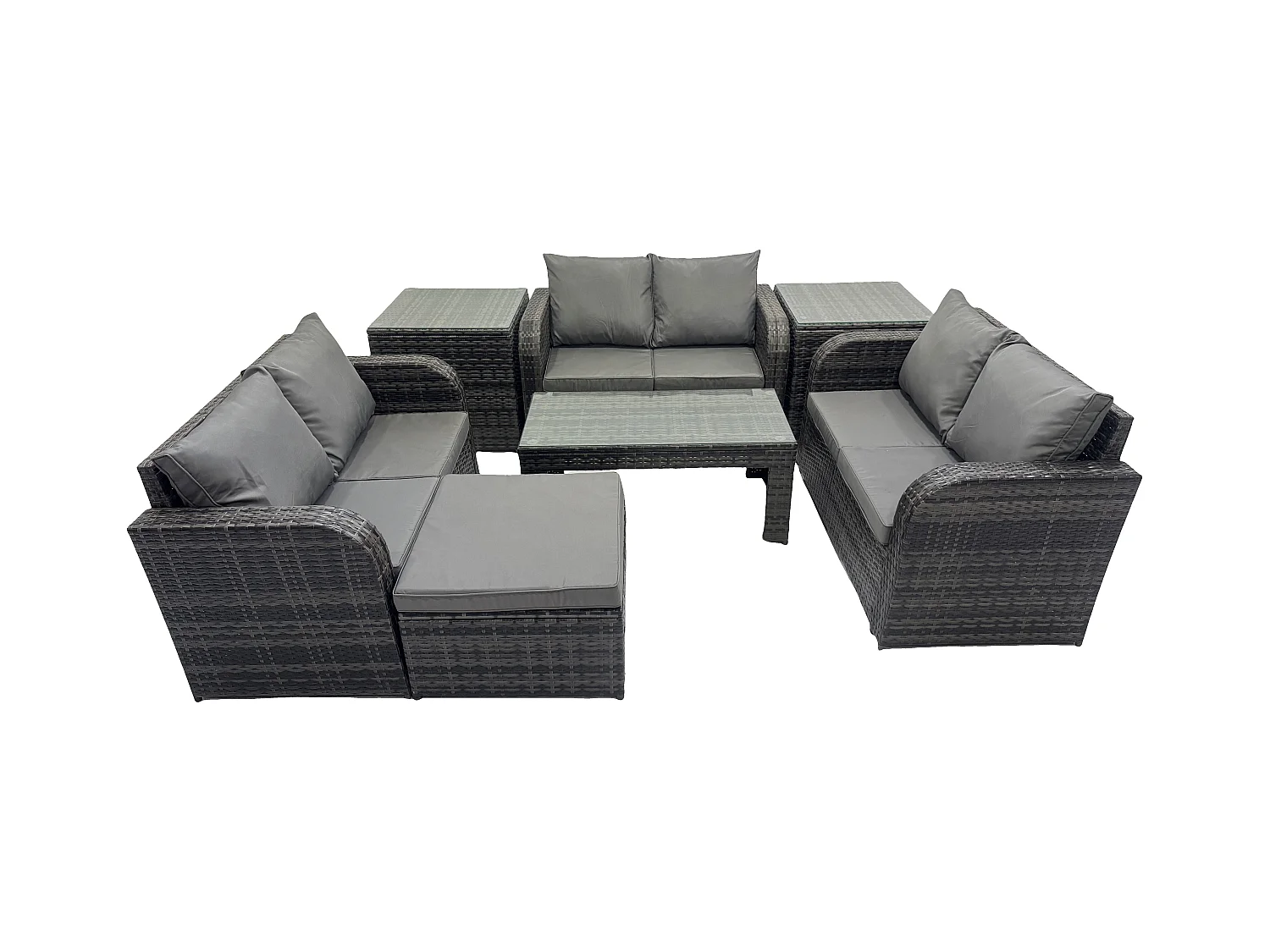 7 places Salon de jardin Meubles de jardin avec Table basse Canapé à deux places 2 Tables d'appoint Grand tabouret Gris foncé mixte