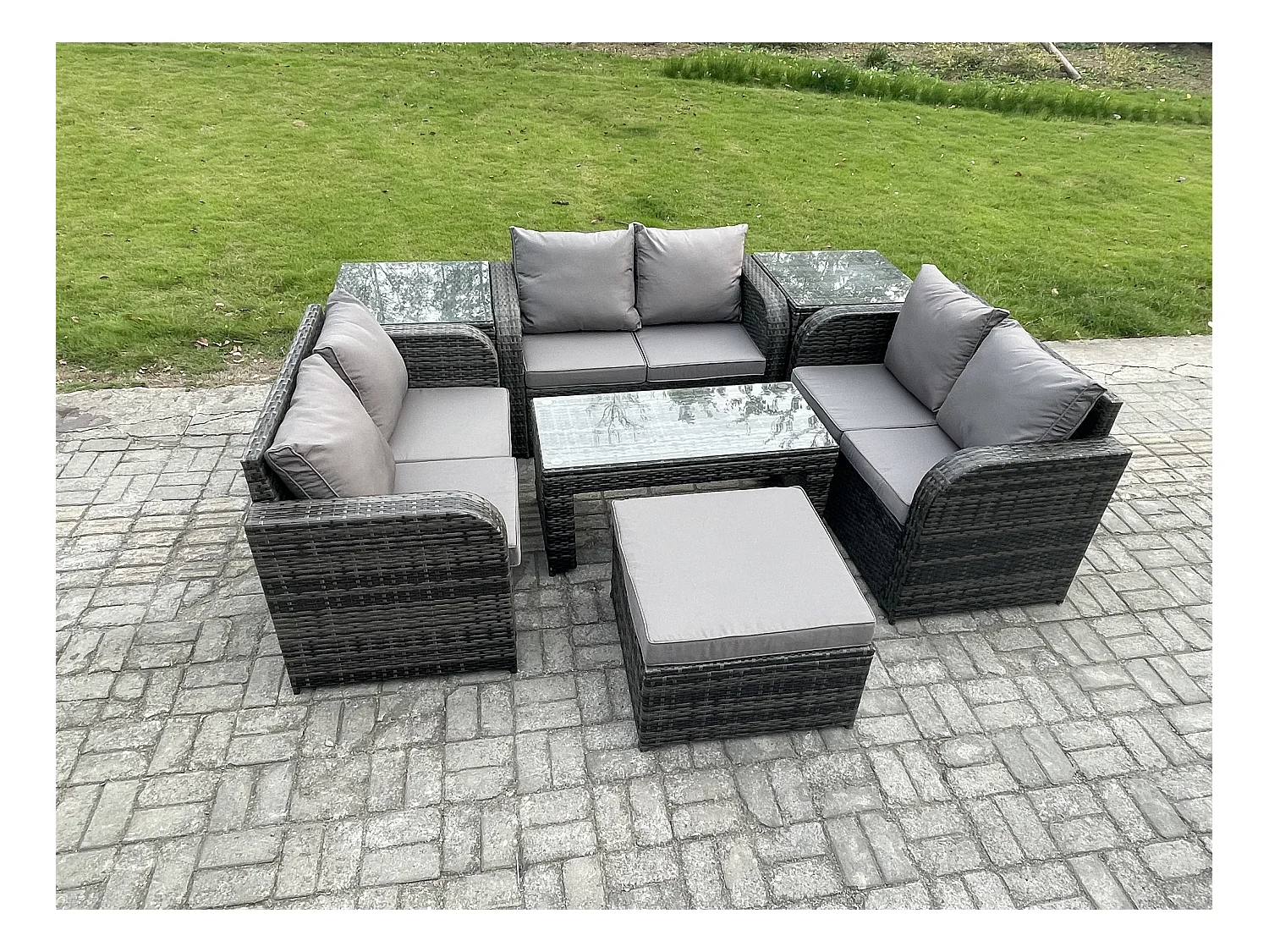 7 places Salon de jardin Meubles de jardin avec Table basse Canapé à deux places 2 Tables d'appoint Grand tabouret Gris foncé mixte