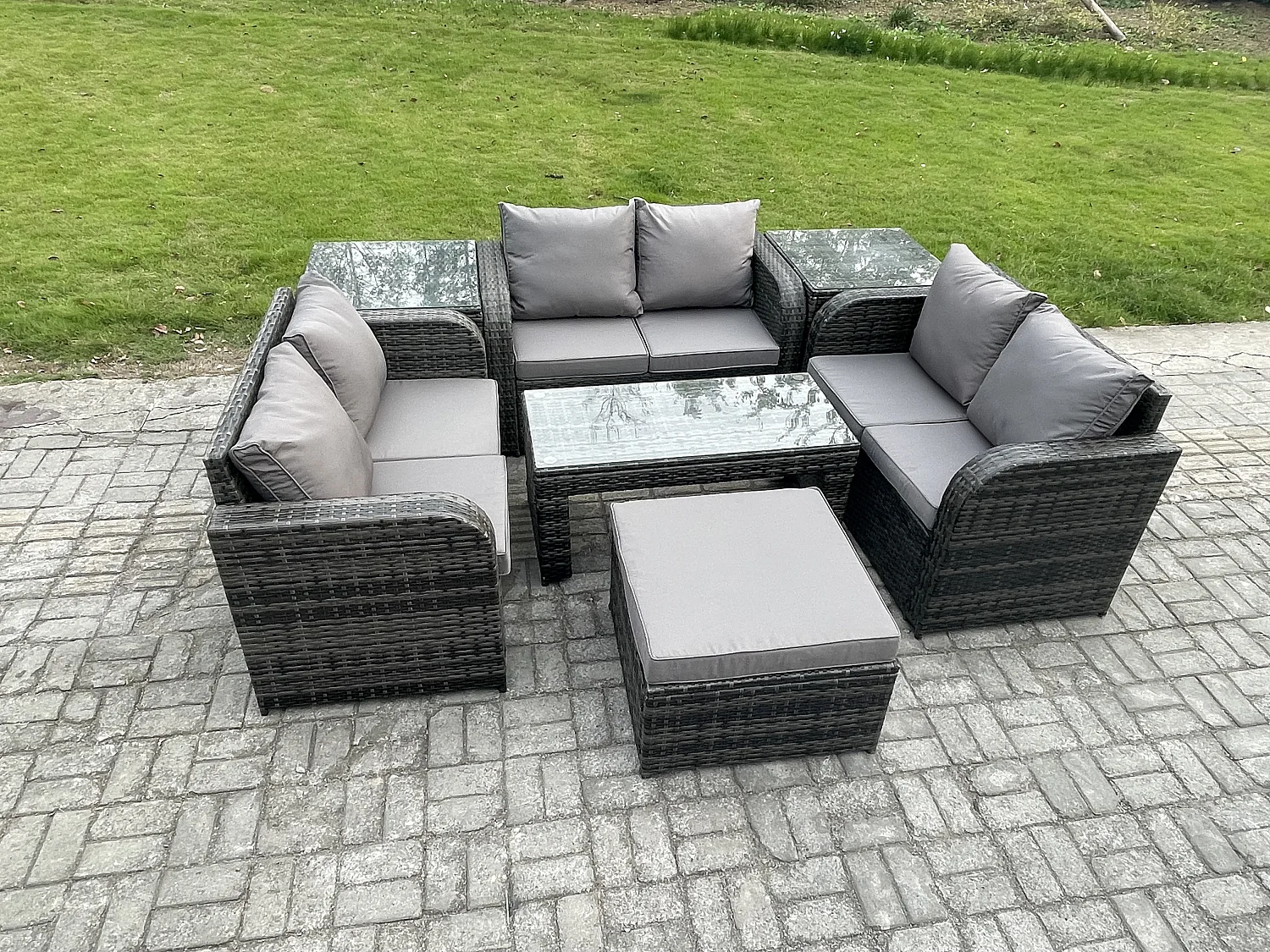 7 places Salon de jardin Meubles de jardin avec Table basse Canapé à deux places 2 Tables d'appoint Grand tabouret Gris foncé mixte