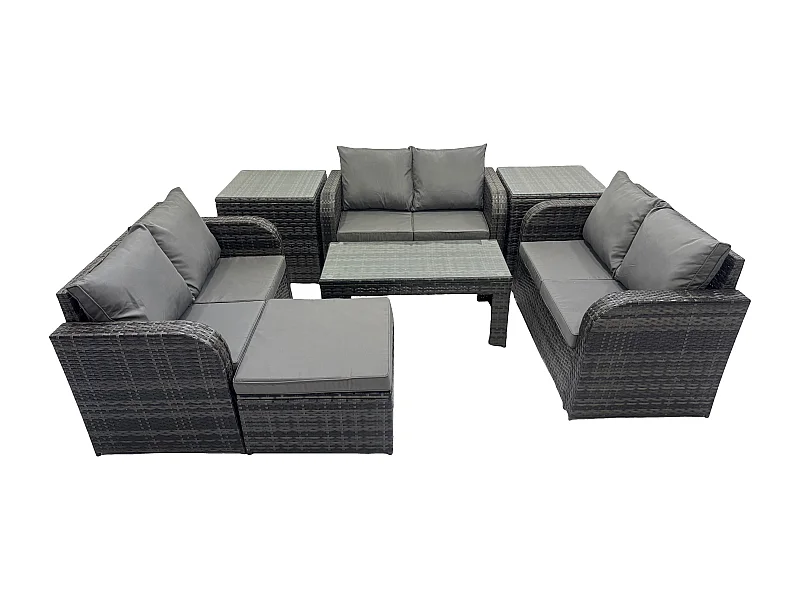 7 places Salon de jardin Meubles de jardin avec Table basse Canapé à deux places 2 Tables d'appoint Grand tabouret Gris foncé mixte