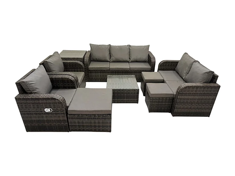 10-Sitzer Gartenmöbelset Rattan Garten Sofa im Freien Sessel mit Gehärteter Glastisch 3 Hockern Beistelltisch Dunkelgrau Gemischt