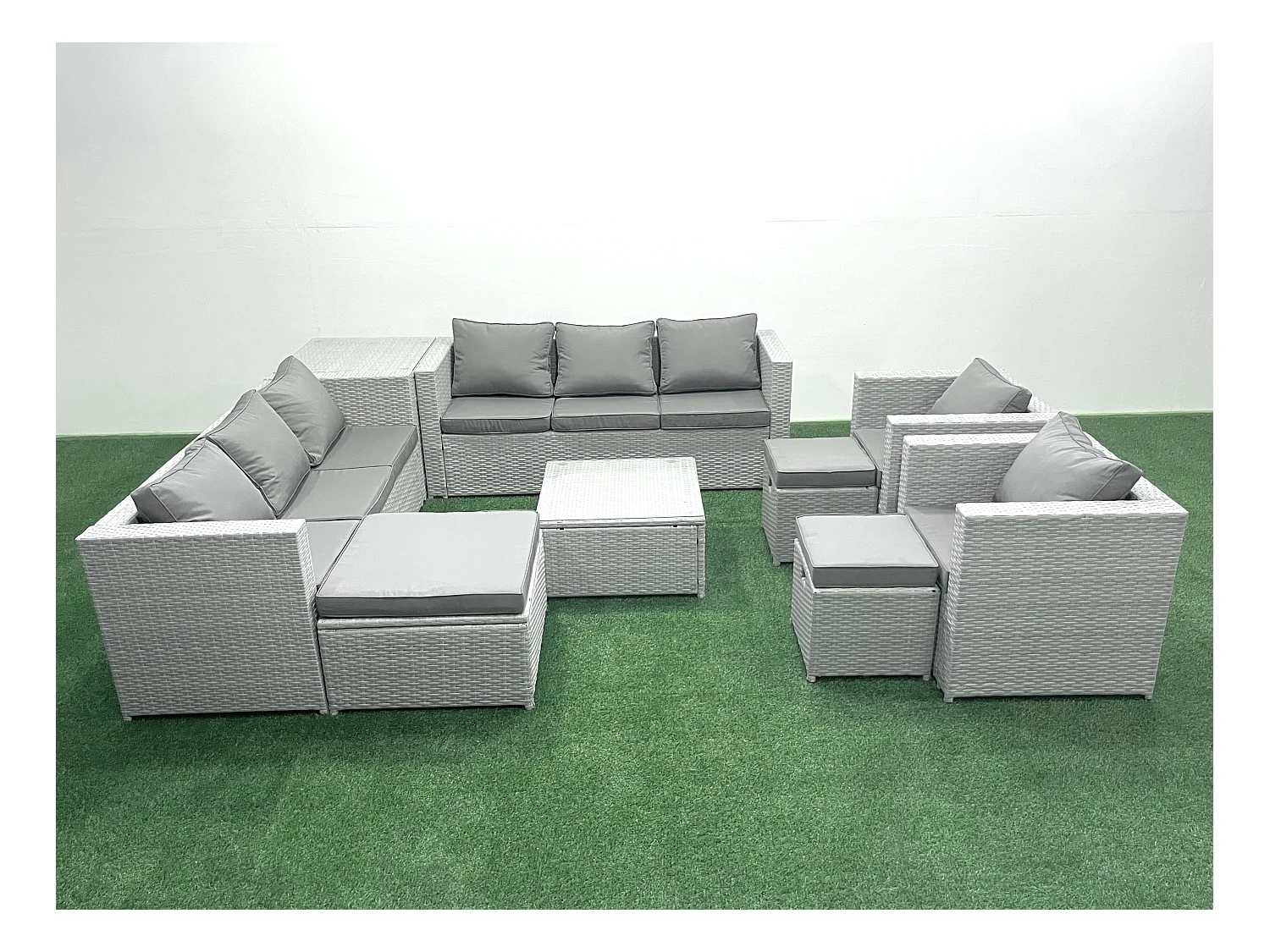 Salon de Jardin en rotin avec 2 Fauteuil Table basse carrée 3 Tabourets Table d'appoint Gris clair mixte