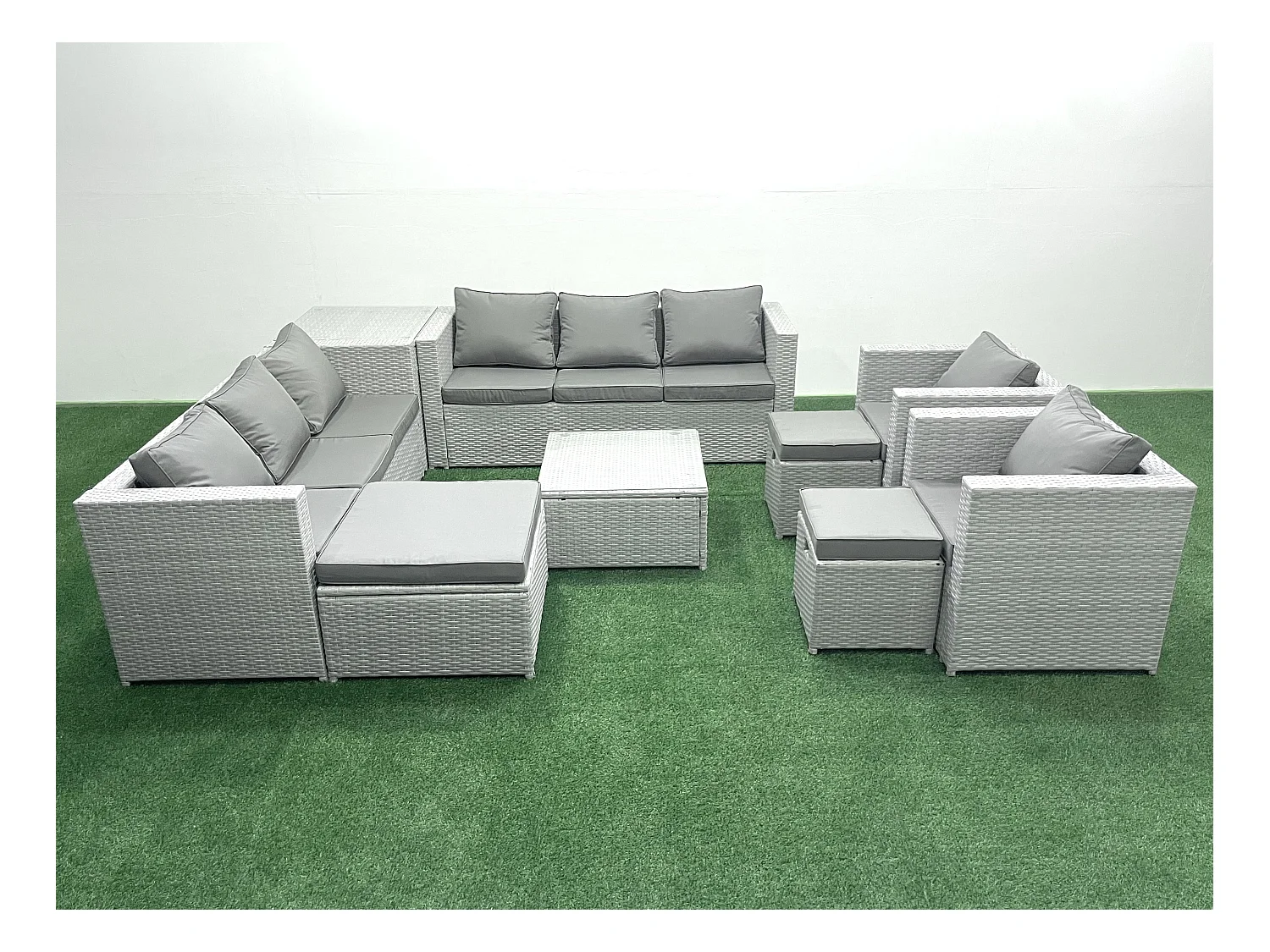 Salon de Jardin en rotin avec 2 Fauteuil Table basse carrée 3 Tabourets Table d'appoint Gris clair mixte