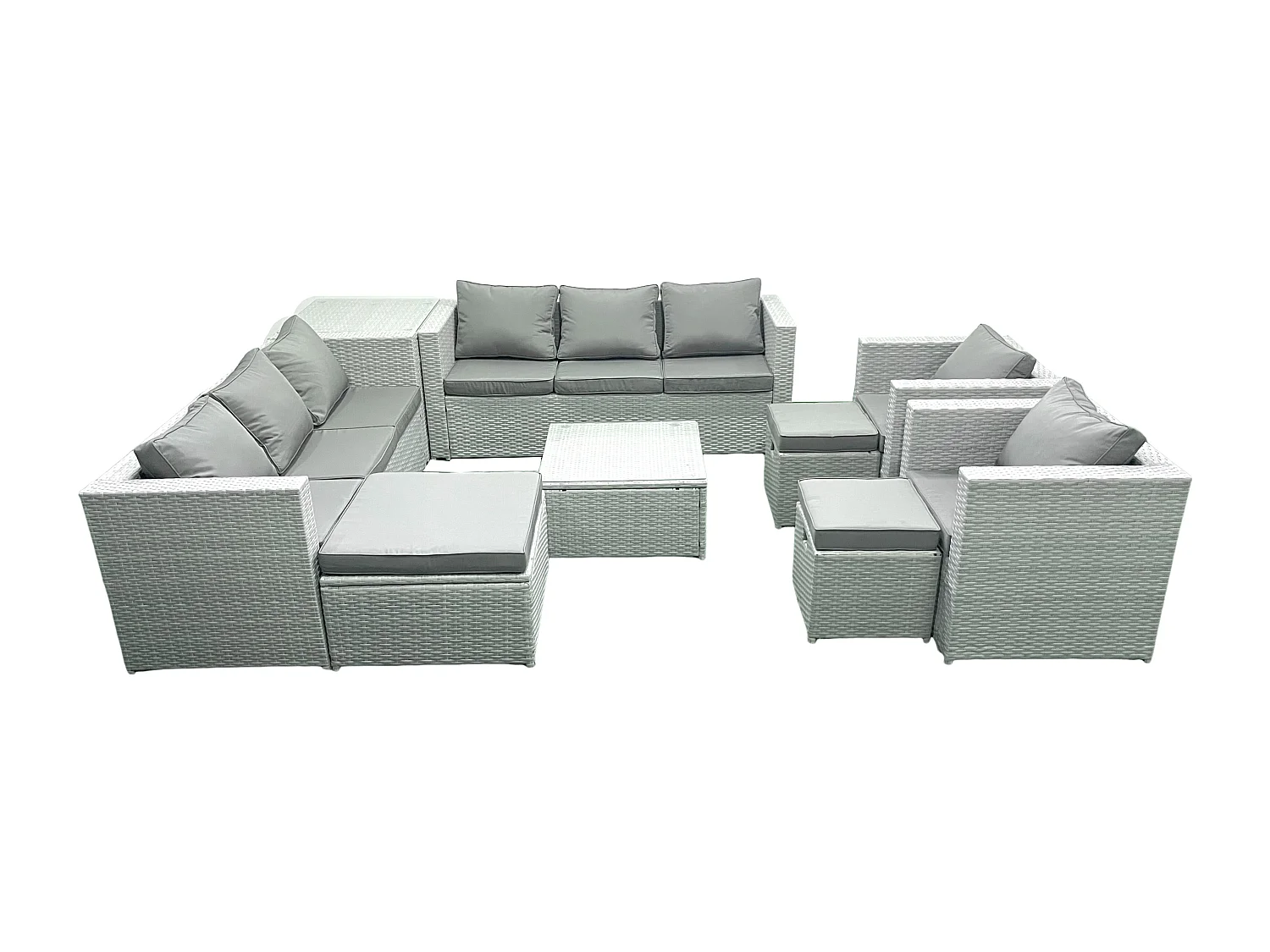 Rattan Sofa Gartenmöbel Set mit 2 Sesseln Quadratischer Couchtisch 3 Hockern Beistelltisch Hellgrau gemischt