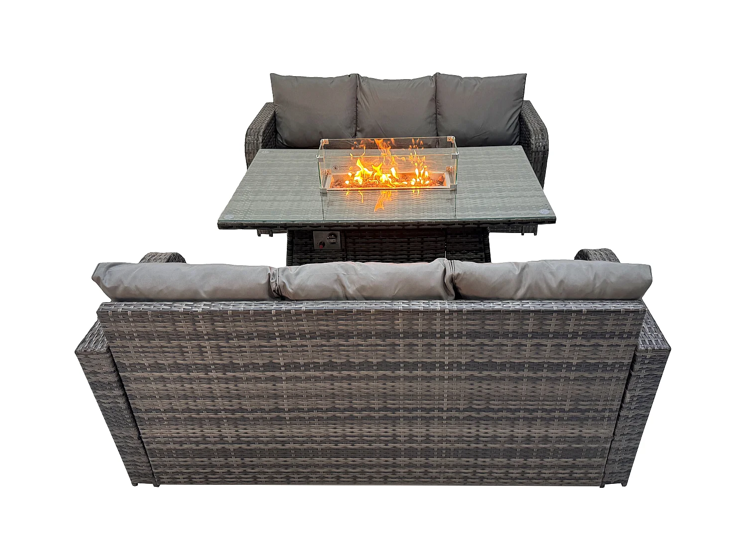 Salon de jardin avec Table de foyer à gaz 3 Pièces Ensemble de canapés en rotin Gris foncé mixte