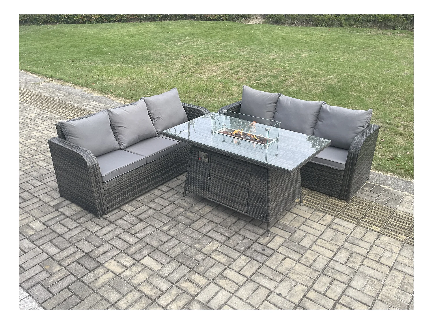 Salon de jardin avec Table de foyer à gaz 3 Pièces Ensemble de canapés en rotin Gris foncé mixte