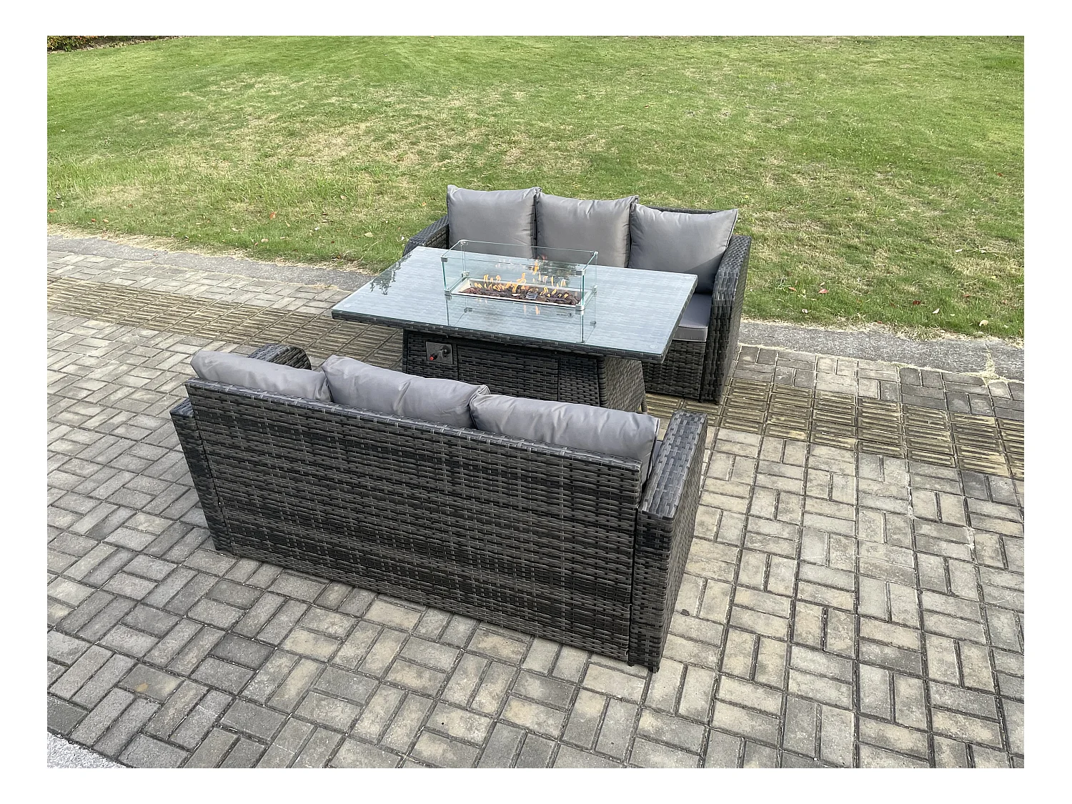 Salon de jardin avec Table de foyer à gaz 3 Pièces Ensemble de canapés en rotin Gris foncé mixte