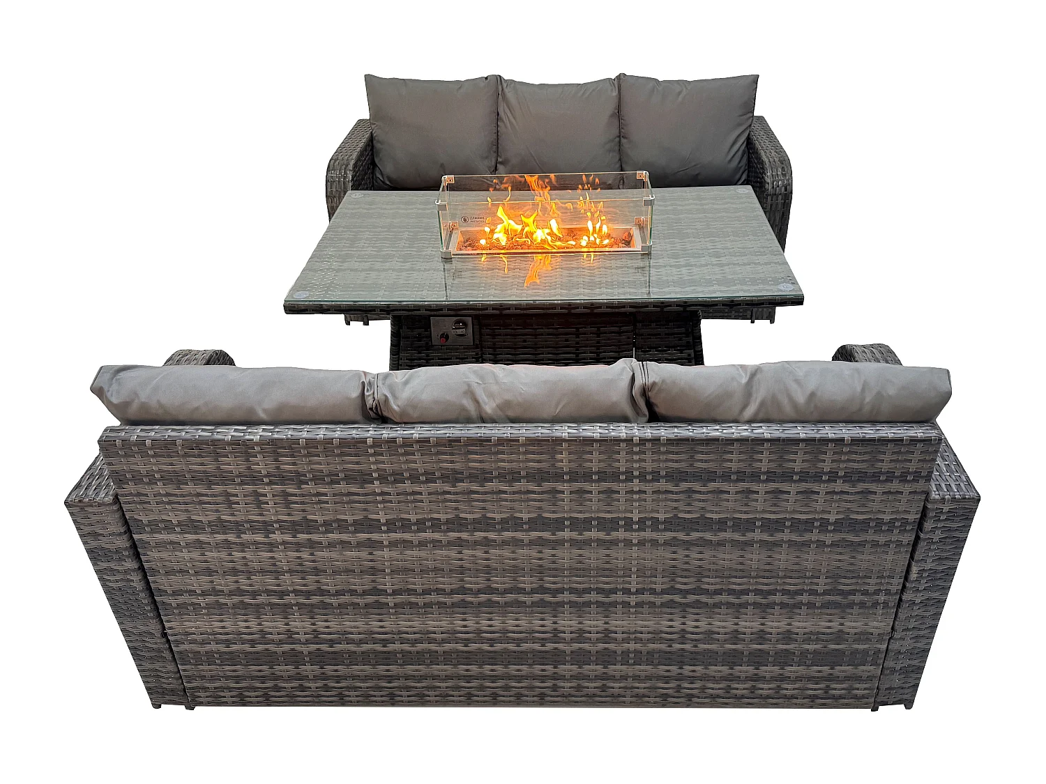 Salon de jardin avec Table de foyer à gaz 3 Pièces Ensemble de canapés en rotin Gris foncé mixte