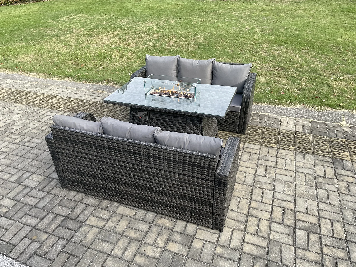 Salon de jardin avec Table de foyer à gaz 3 Pièces Ensemble de canapés en rotin Gris foncé mixte