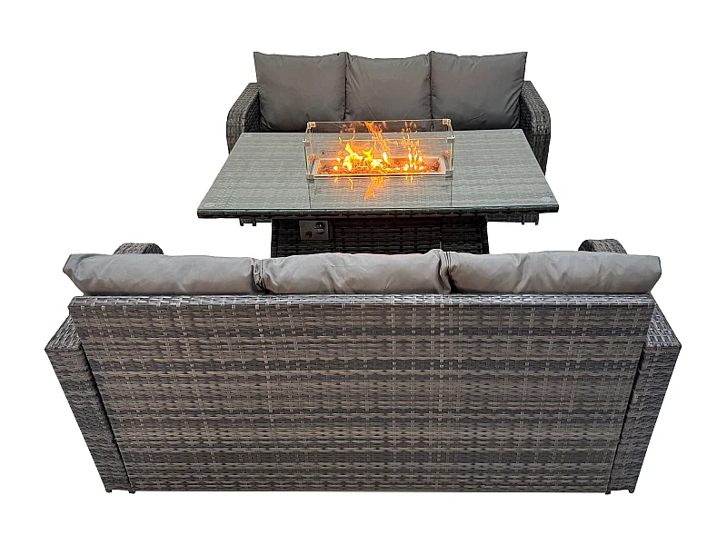 Salon de jardin avec Table de foyer à gaz 3 Pièces Ensemble de canapés en rotin Gris foncé mixte