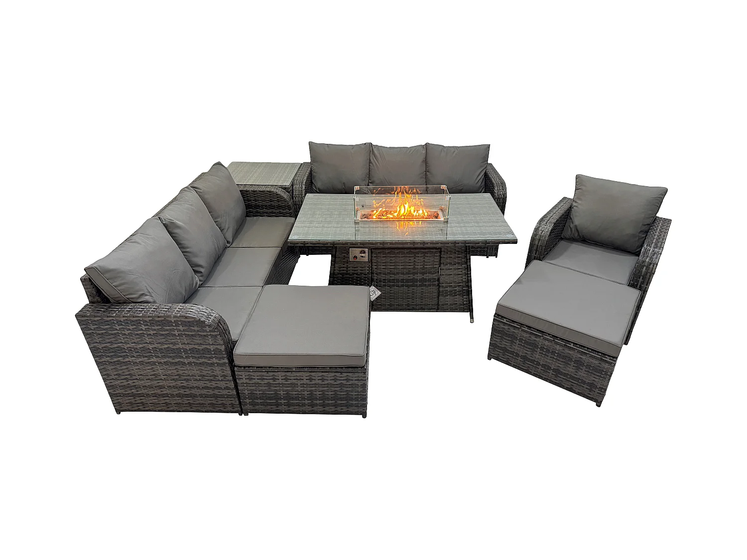 9 places Salon de jardin Table de foyer à gaz Chaise inclinable Canapé 3 places Intérieur Extérieur avec Table d'appoint 2 Grand tabourets