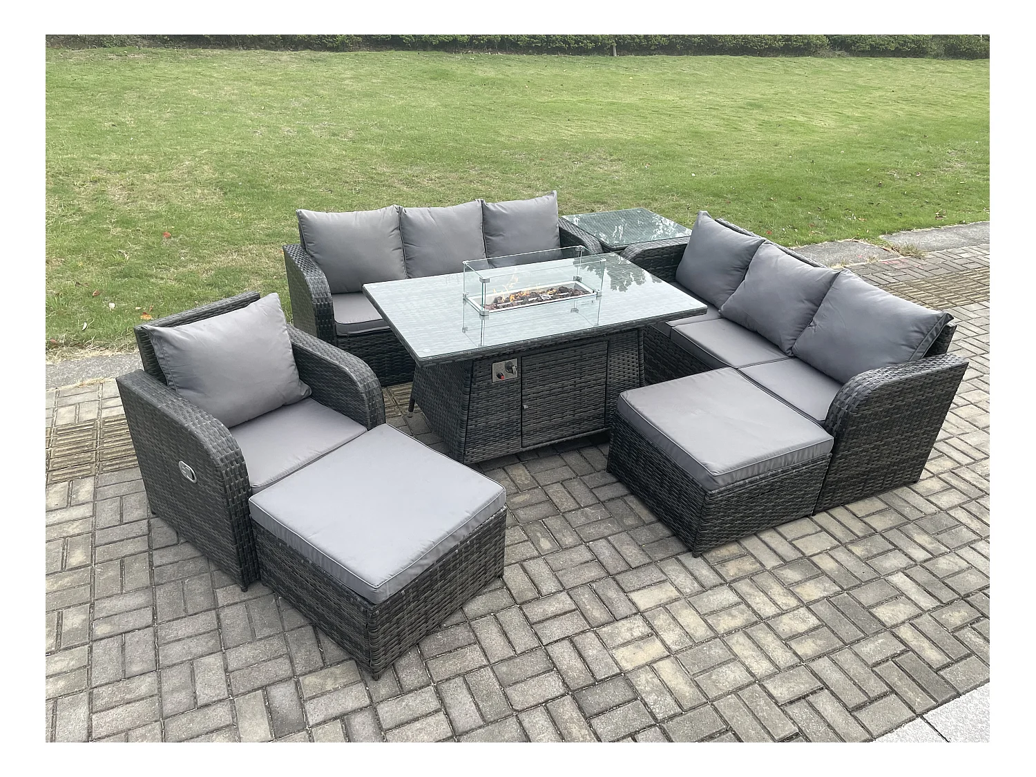 9 places Salon de jardin Table de foyer à gaz Chaise inclinable Canapé 3 places Intérieur Extérieur avec Table d'appoint 2 Grand tabourets