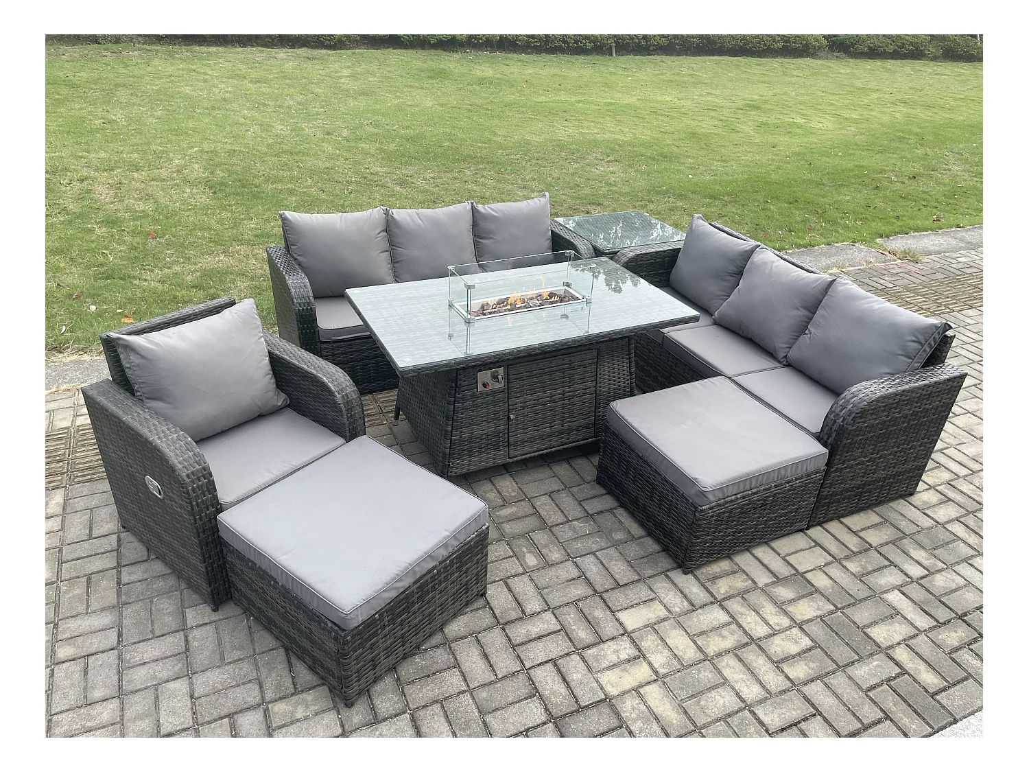 9 places Salon de jardin Table de foyer à gaz Chaise inclinable Canapé 3 places Intérieur Extérieur avec Table d'appoint 2 Grand tabourets