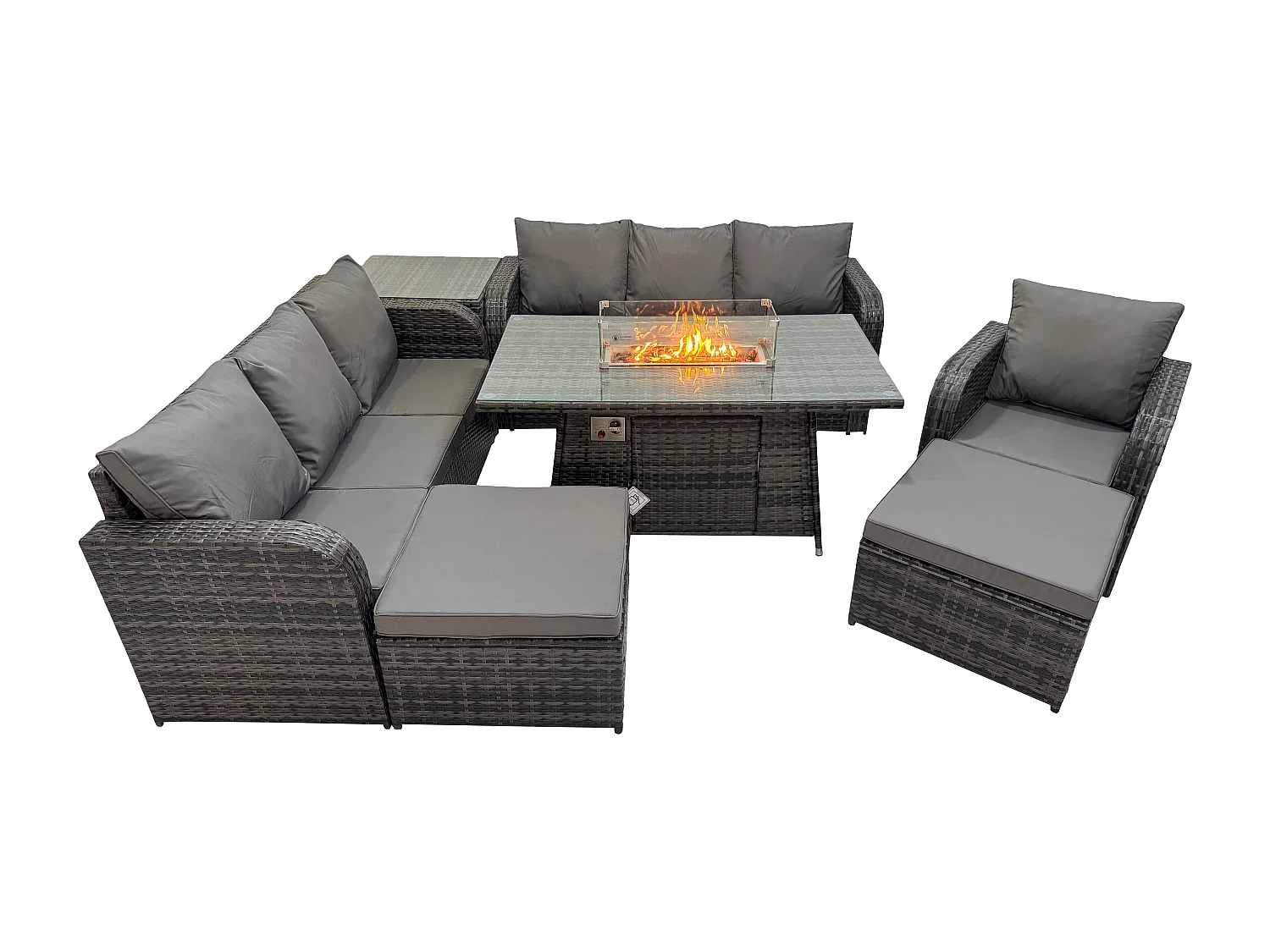 9-Sitzer Polyrattan Gartenmöbel Set Gas Feuerstelle Esstisch Liegestühle 3-Sitzer Sofa Set mit Beistelltisch 2 hohen Hockern