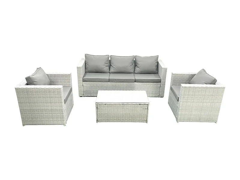Polyrattan Gartenmöbel Set mit 3-Sitzer Sofa 2 Sesseln Rechteckiger Couchtisch Hellgrau gemischt 5-Sitzer