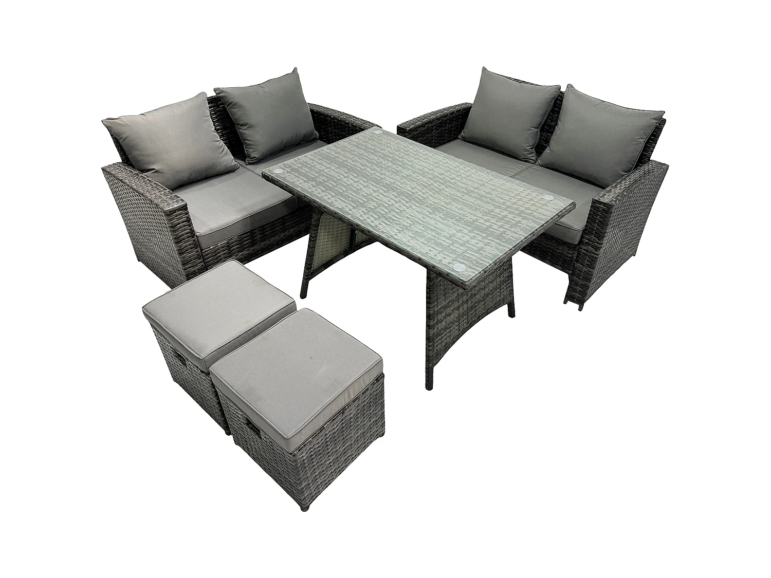 6-Sitzer Polyrattan Garten Esstisch Set Gartenmöbel Sofa mit Rechteckiger Esstisch Doppelsitz Sofa 2 kleine Fußhockern Dunkelgrau Gemischt