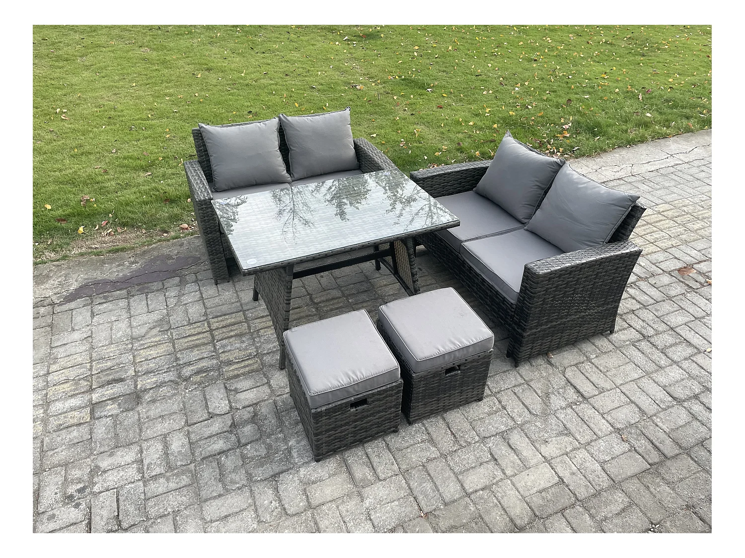 6-Sitzer Polyrattan Garten Esstisch Set Gartenmöbel Sofa mit Rechteckiger Esstisch Doppelsitz Sofa 2 kleine Fußhockern Dunkelgrau Gemischt
