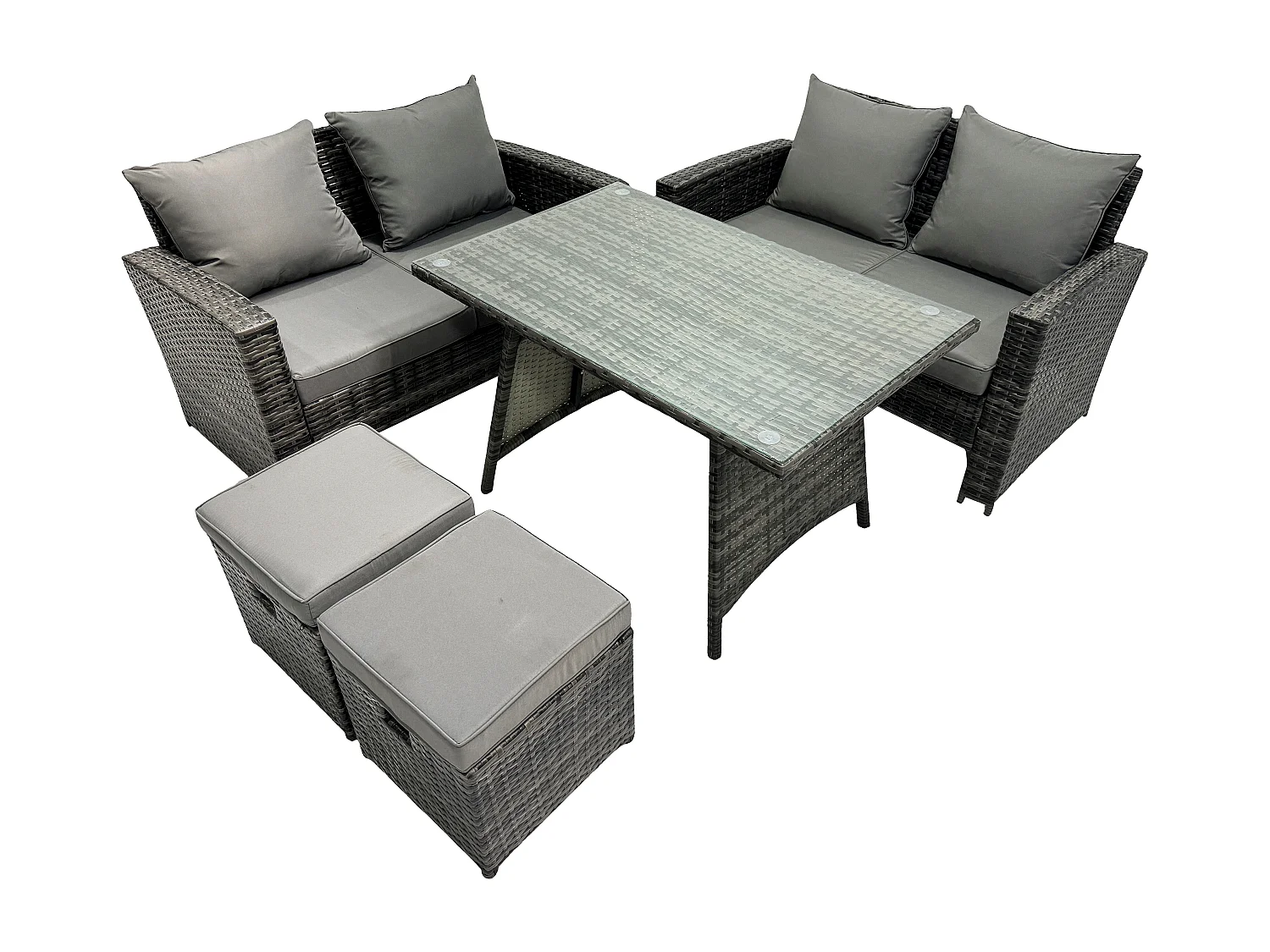 6-Sitzer Polyrattan Garten Esstisch Set Gartenmöbel Sofa mit Rechteckiger Esstisch Doppelsitz Sofa 2 kleine Fußhockern Dunkelgrau Gemischt