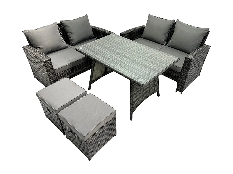 6-Sitzer Polyrattan Garten Esstisch Set Gartenmöbel Sofa mit Rechteckiger Esstisch Doppelsitz Sofa 2 kleine Fußhockern Dunkelgrau Gemischt