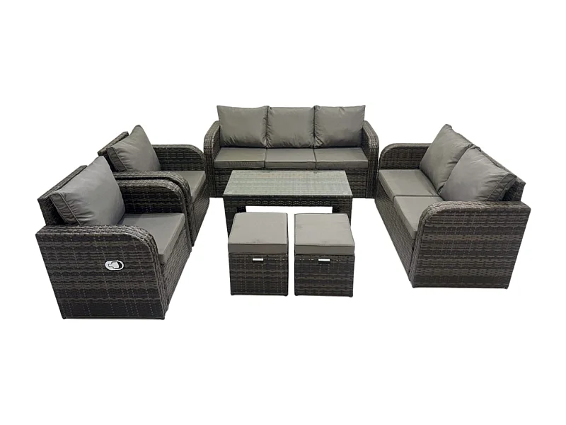 Ensembles de meubles de jardin 9 places Ensemble de canapés en rotin avec Table basse rectangulaire Chaise inclinable Canapé à deux places 2 Petits tabourets