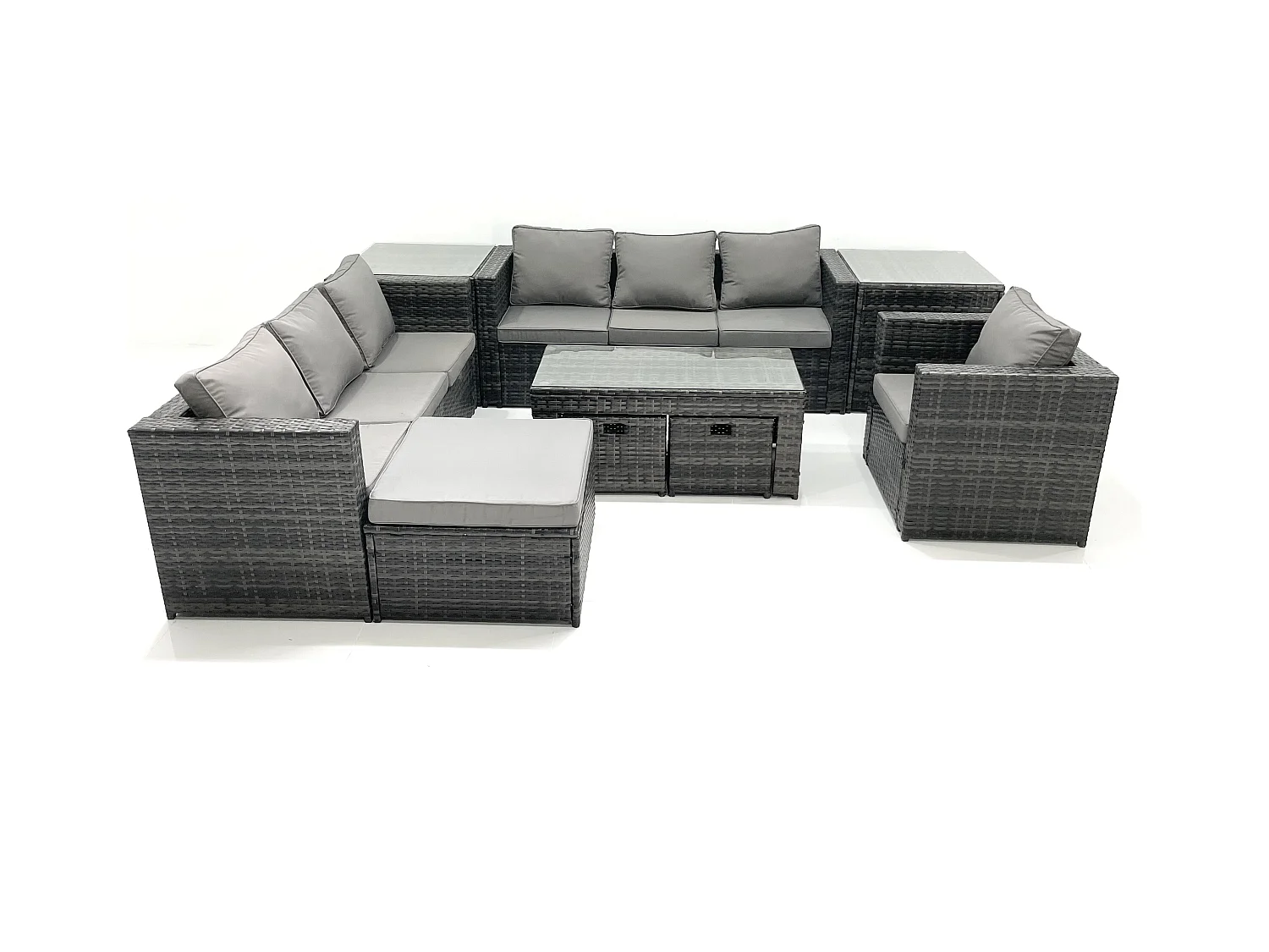 Ensemble de meubles de jardin en polyrotin 10 places avec Canapé Table basse 3 Tabourets Fauteuil 2 Tables d'appoint Gris foncé mixte
