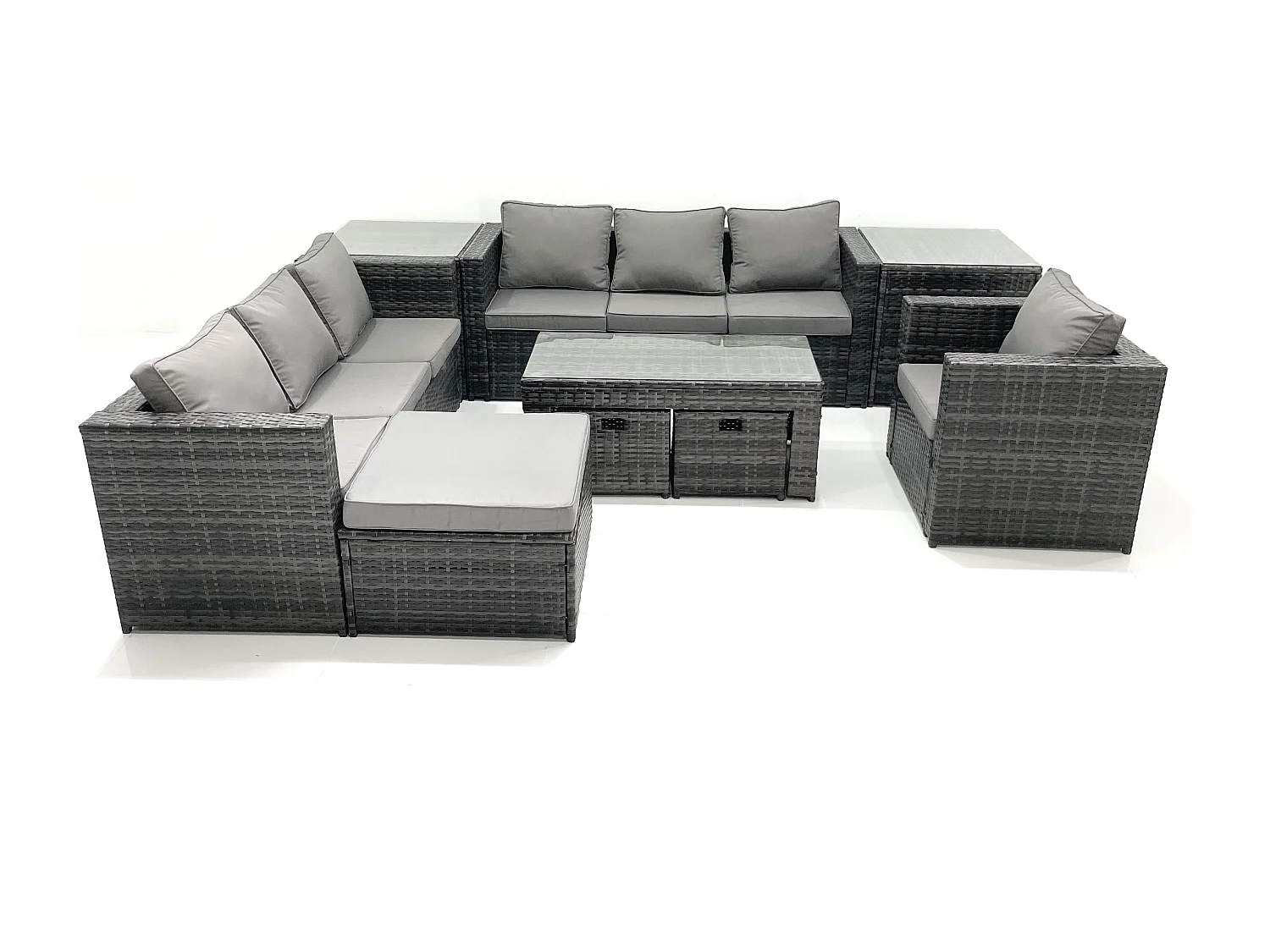 Ensemble de meubles de jardin en polyrotin 10 places avec Canapé Table basse 3 Tabourets Fauteuil 2 Tables d'appoint Gris foncé mixte