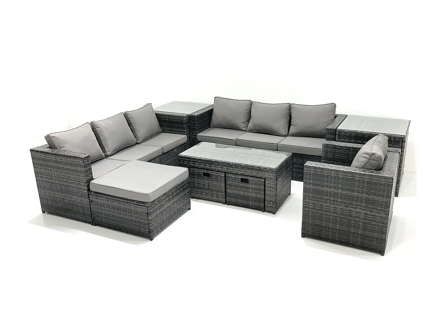 Ensemble de meubles de jardin en polyrotin 10 places avec Canapé Table basse 3 Tabourets Fauteuil 2 Tables d'appoint Gris foncé mixte