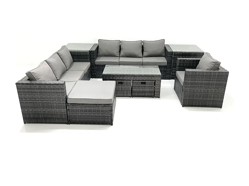 Ensemble de meubles de jardin en polyrotin 10 places avec Canapé Table basse 3 Tabourets Fauteuil 2 Tables d'appoint Gris foncé mixte