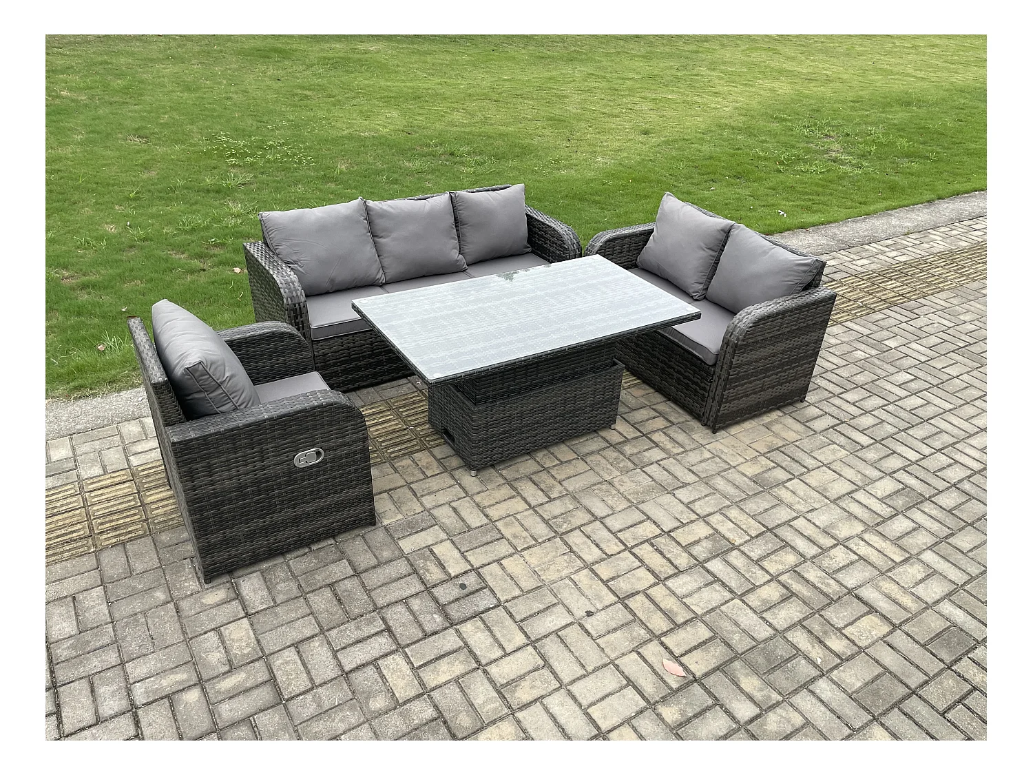 Salon de Jardin en Résine Ensemble Repas de Jardin Exterieur Table à manger réglable en hauteur avec Canapé 3 places Chaise inclinable Canapé d'amour