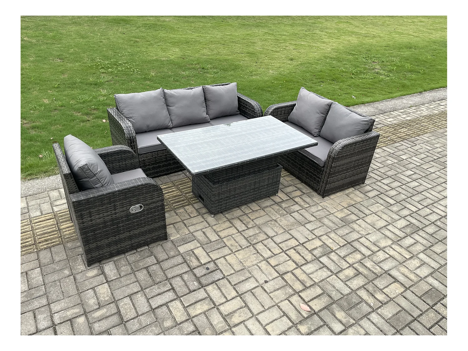 Salon de Jardin en Résine Ensemble Repas de Jardin Exterieur Table à manger réglable en hauteur avec Canapé 3 places Chaise inclinable Canapé d'amour